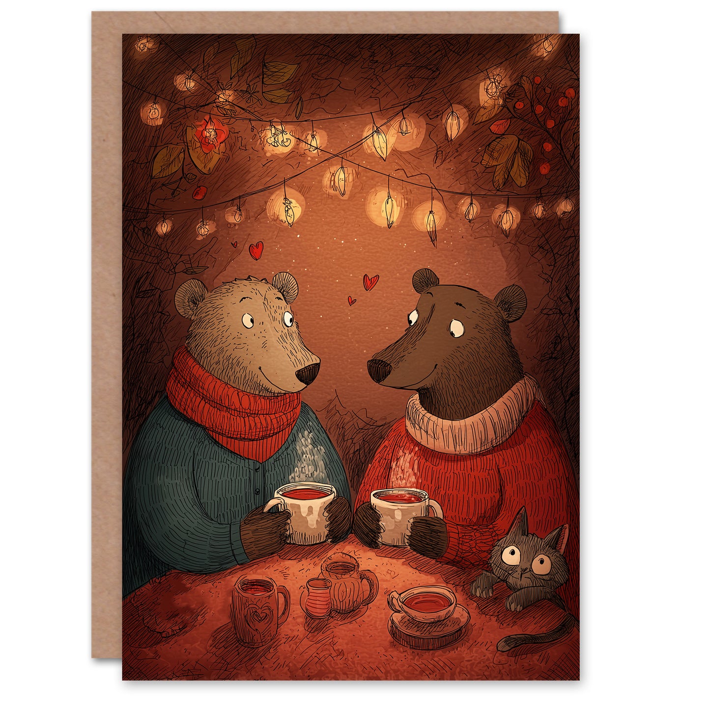 Cute Bear Couple in Love Cosy Cafe Illustration Valentine's Day Card
