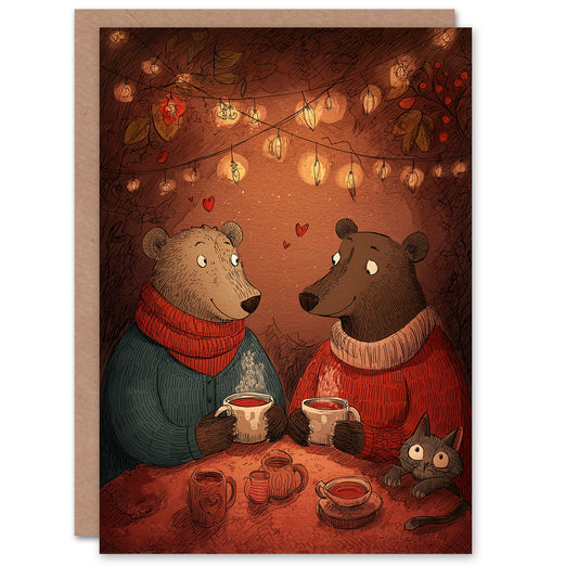 Cute Bear Couple in Love Cosy Cafe Illustration Valentine's Day Card