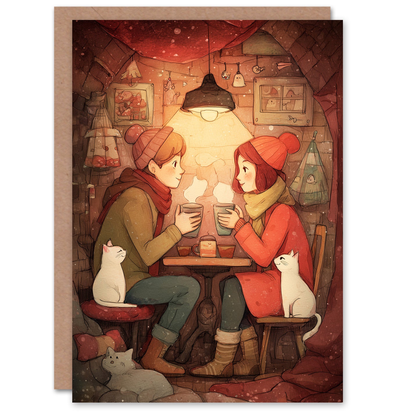 Non Binary Couple in Cosy Cat Cafe Illustration Valentine's Day Card