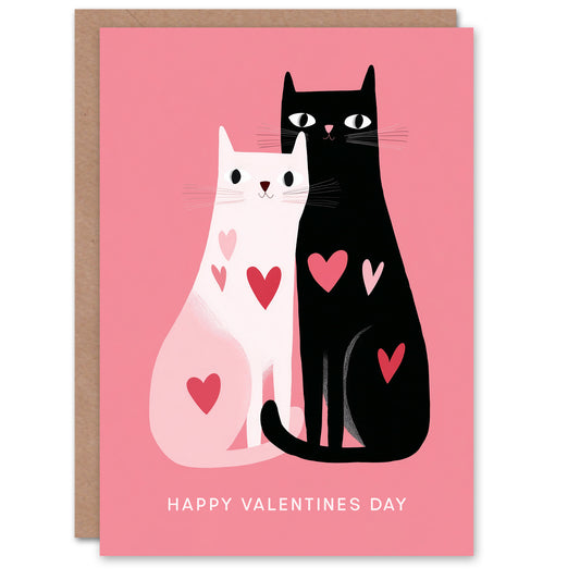 White Black Cats Animals in Love Modern Illustration Valentine's Day Card