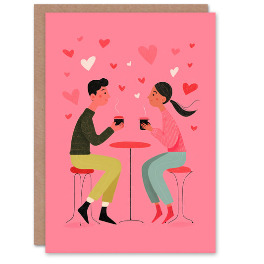 Couple with Cuppas Two Cute Lovers On A Cafe Date Valentine's Day Card