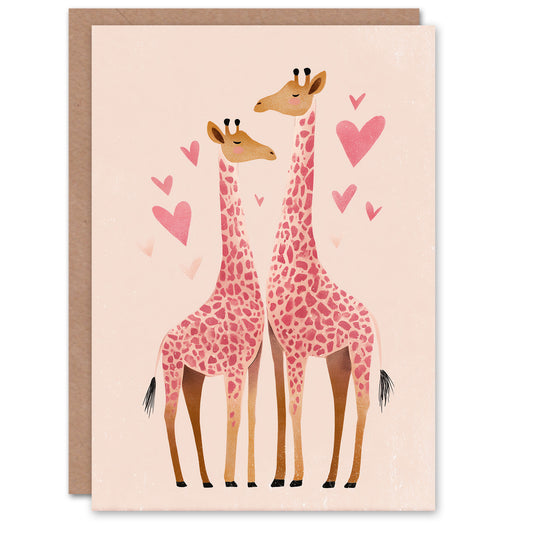 Pink Giraffes Animals in Love Modern Illustration Valentine's Day Card