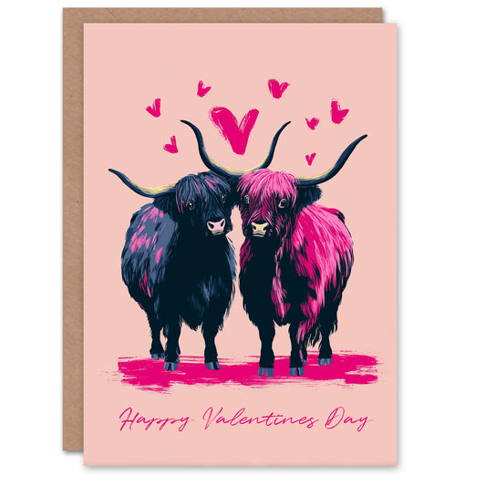 Highland Coo Cows Animals in Love Pink Purple Modern Valentine's Day Card