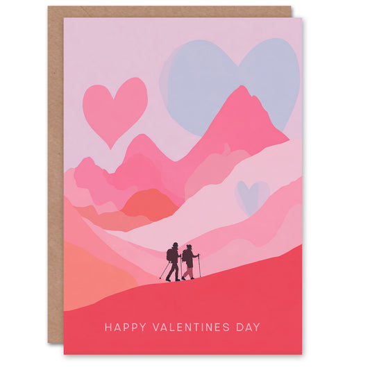 Romantic Pink Mountain Landscape With Two Hikers Valentine's Day Card