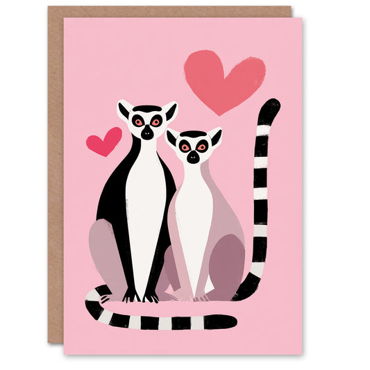 Ring Tailed Lemurs in Love Cute Modern Illustration Valentine's Day Card
