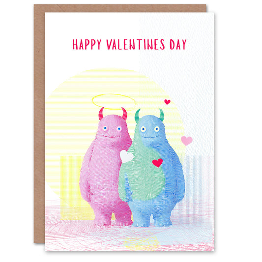 Cute Monster Couple Vibrant Line Art Illustration Valentine's Day Card