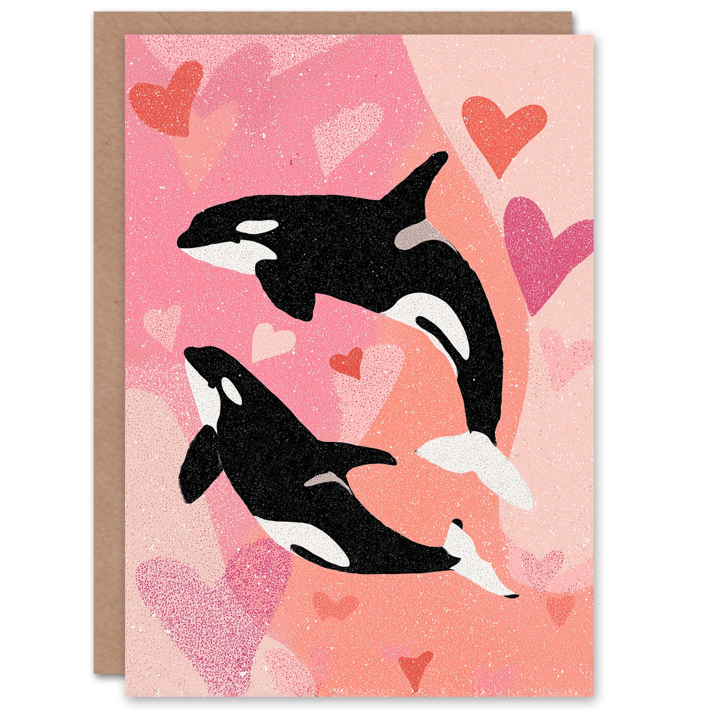 Orcas in Modern Abstract Pastel Pink Love Hearts Valentine's Day Card
