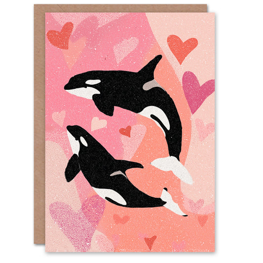 Orcas in Modern Abstract Pastel Pink Love Hearts Valentine's Day Card