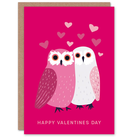 Two Cute Owls Love Birds Hot Pink Modern Folk Art Valentine's Day Card