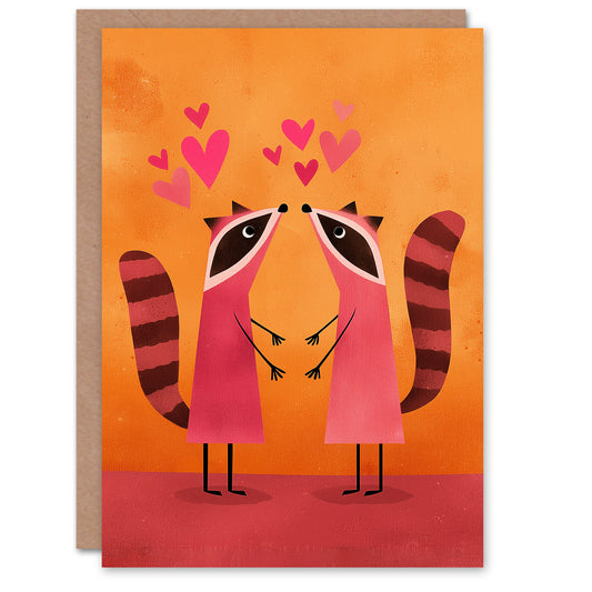 Two Cute Racoons In Love Modern Folk Illustration Valentine's Day Card