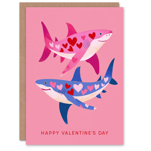 Cute Blue and Pink Sharks With Love Heart Tattoos Valentine's Day Card