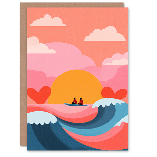 Surfer Couple Riding Waves and Chasing Sunsets Valentine's Day Card