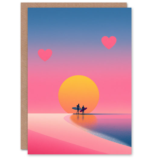 Surfer Couple Romantic Sunset Surf Session Valentine's Day Card