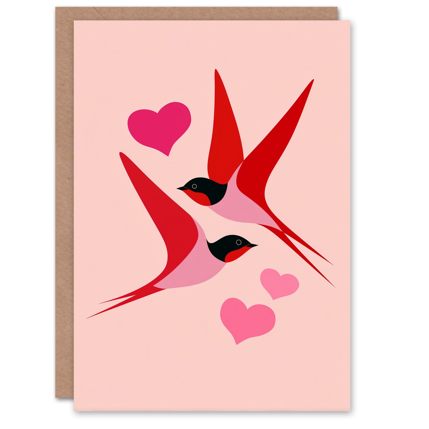 Swallow Birds Pair Pink Red Romantic Modern Valentine's Day Card