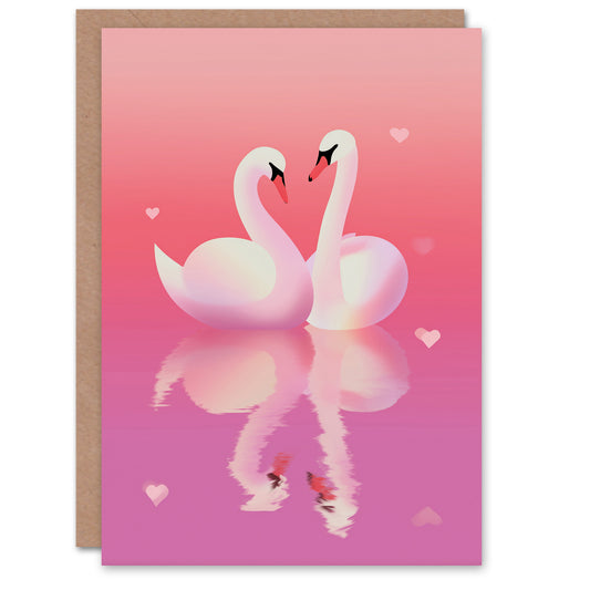 Elegant Swan Couple Gliding on Serene Pink Lake Valentine's Day Card