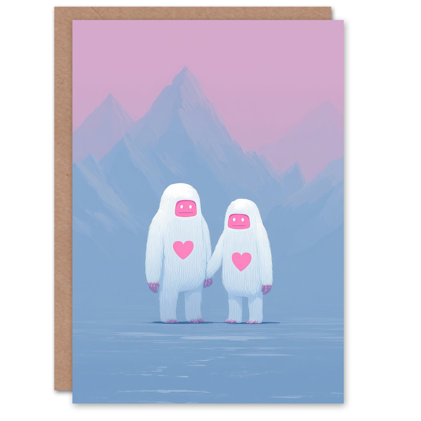 Cute Yeti Couple in Pastel Mountain Landscape Valentine's Day Card