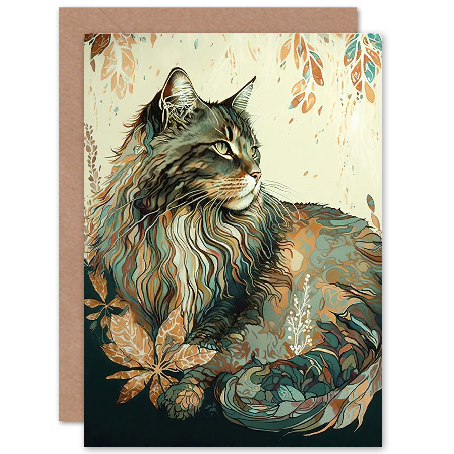 Maine Coon Cat With Flower Pattern Modern Watercolour Illustration Art Greeting Card