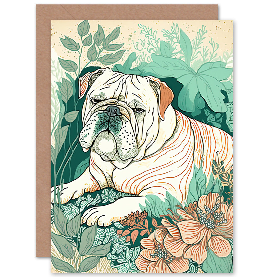 Bulldog Lying Flower Field Dog Modern Birthday Card