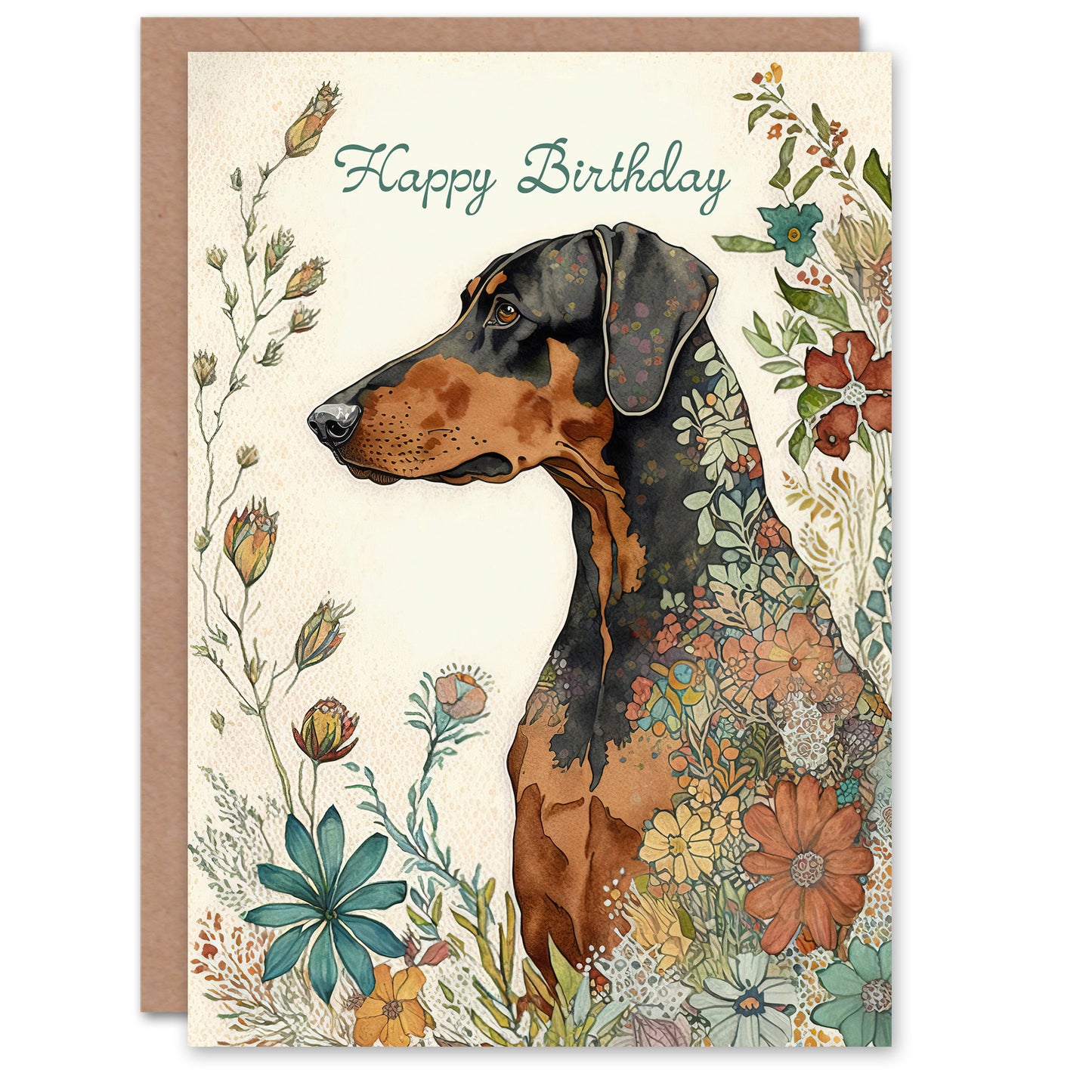 Happy Birthday Doberman Dog and Spring Flowers Birthday Card