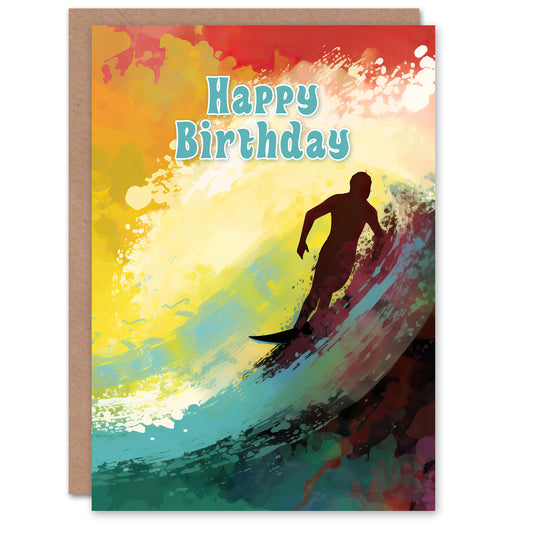 Happy Birthday Surfing Surfer Colorful Wave Surf Birthday Card