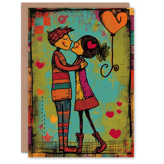 Young Couple Dance Kiss Illustration Romantic Card