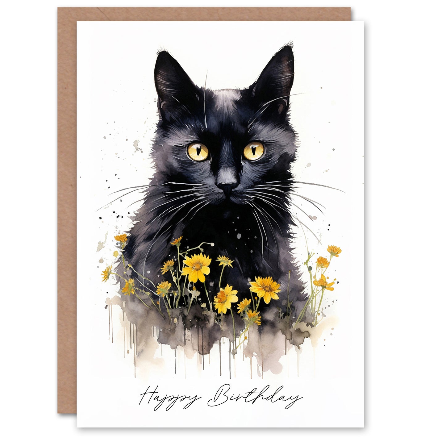 Happy Birthday Black Cat with Yellow Daisy Flowers Birthday Card