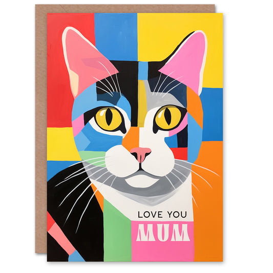 Mothers Day Colourful Abstract Love You Mum Cat Mother's day Card