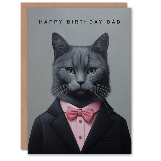 Bow Tie Cat Lover Portrait Father Birthday Card