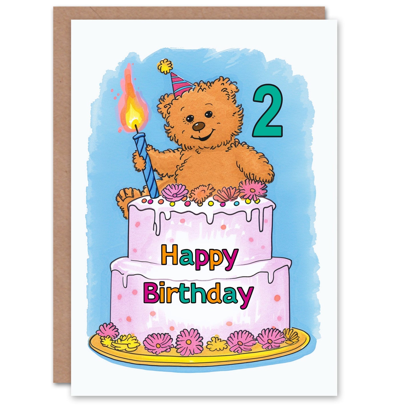 Teddy Bear Cake Party Hat Cartoon Cute Kids Birthday Card