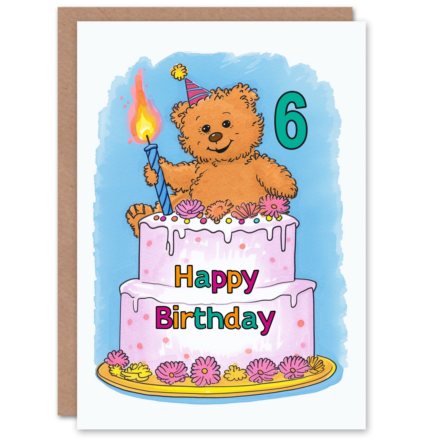 Teddy Bear Cake Party Hat Cartoon Cute Kids Birthday Card