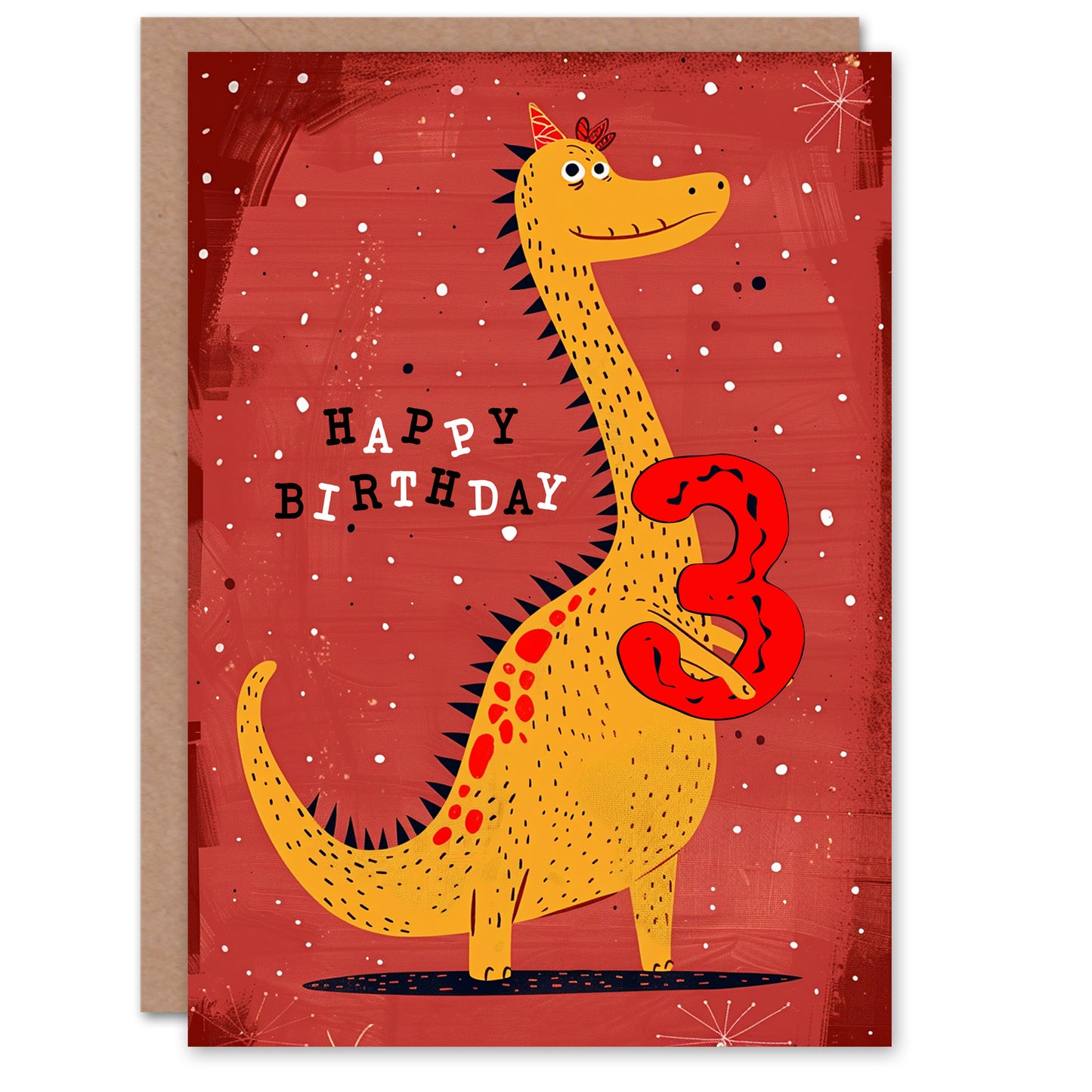 Spiky Yellow Red Dinosaur Cartoon Cute Kids Birthday Card