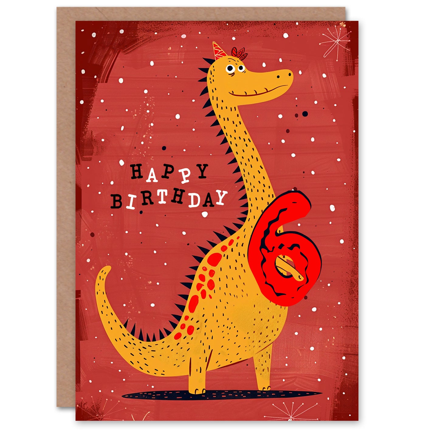 Spiky Yellow Red Dinosaur Cartoon Cute Kids Birthday Card