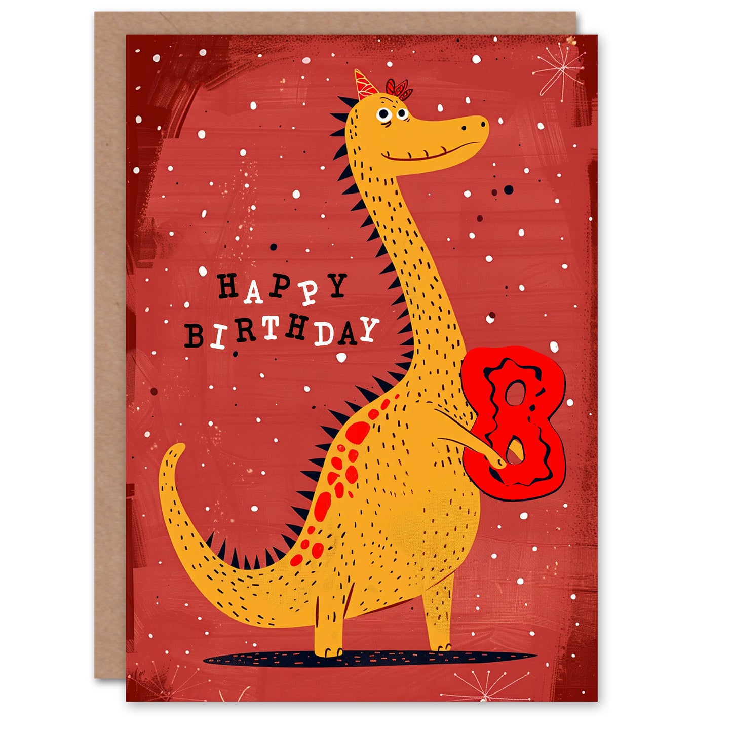 Spiky Yellow Red Dinosaur Cartoon Cute Kids Birthday Card