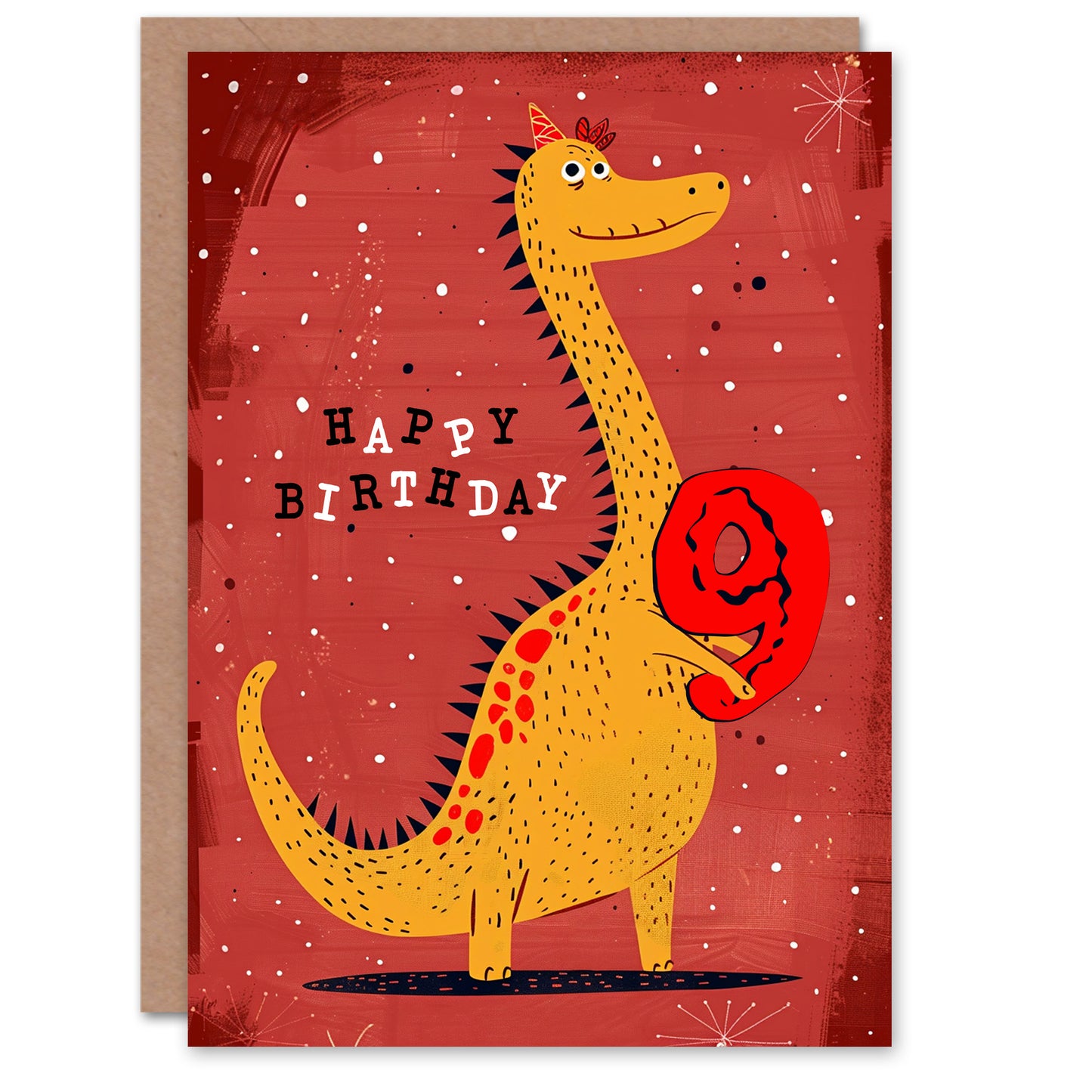 Spiky Yellow Red Dinosaur Cartoon Cute Kids Birthday Card