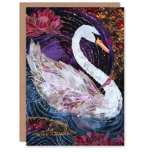 Magical Swan Artwork Enchanted Purple Pink Greeting Card