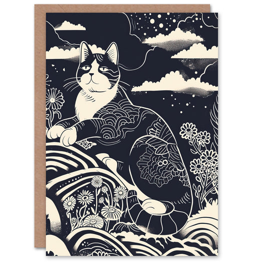 Abstract Zen Black And White Cat In Flowers Magic Greeting Card