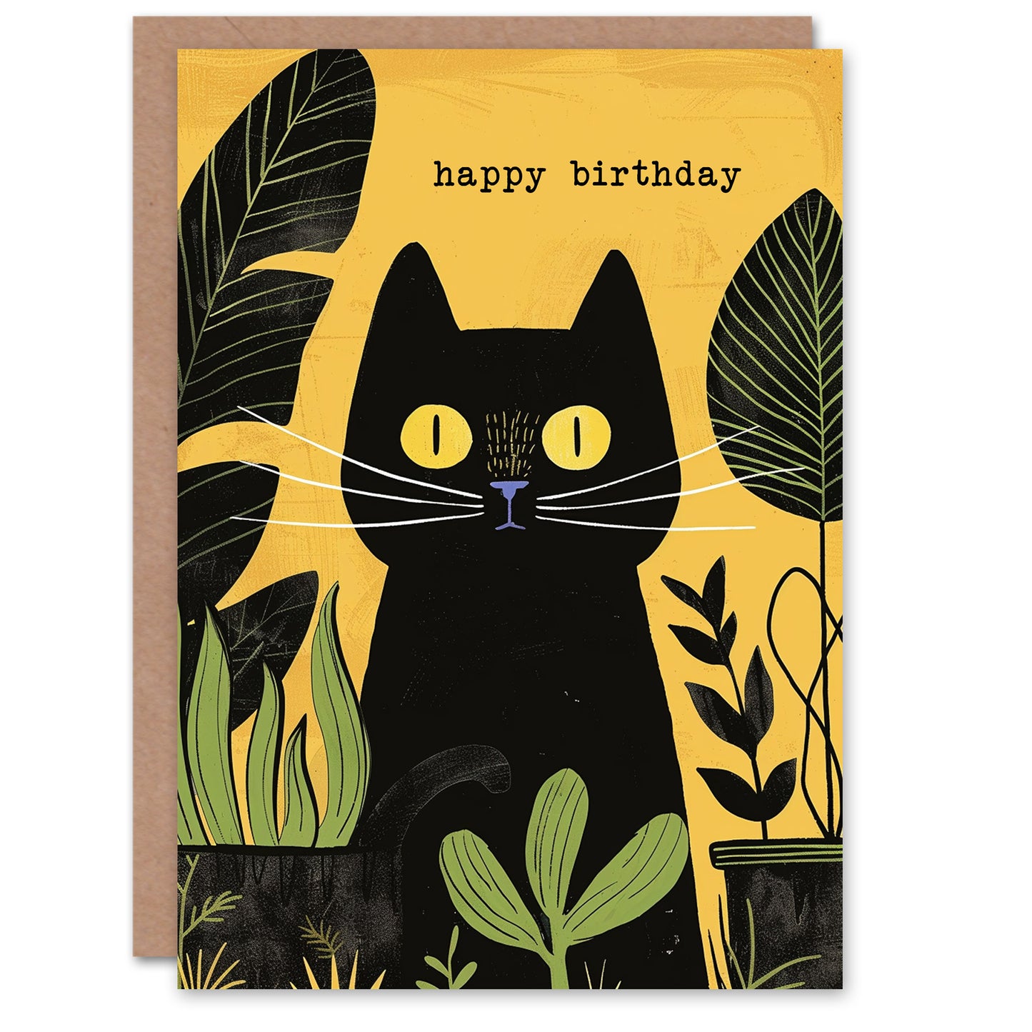 Birthday Card Plant Lover Cute Black Cat Pet Botanical Yellow