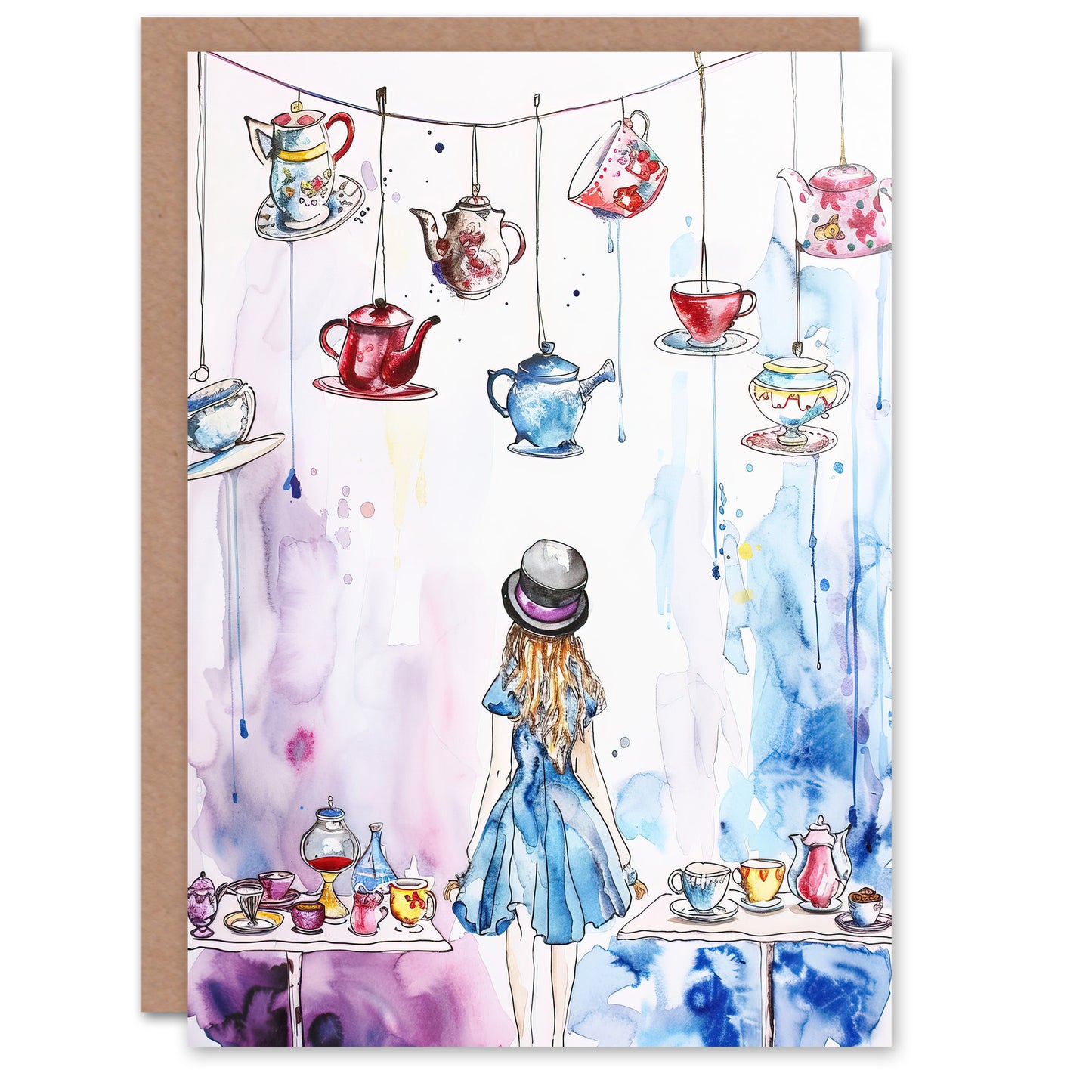 Alice Wonderland Mad Hatter Tea Party Watercolour Greeting Card