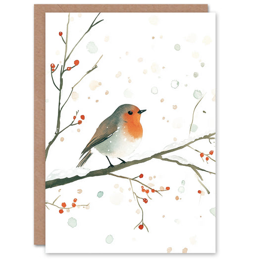 Robin Bird Snow Winter Berry Tree Festive Xmas Christmas Card