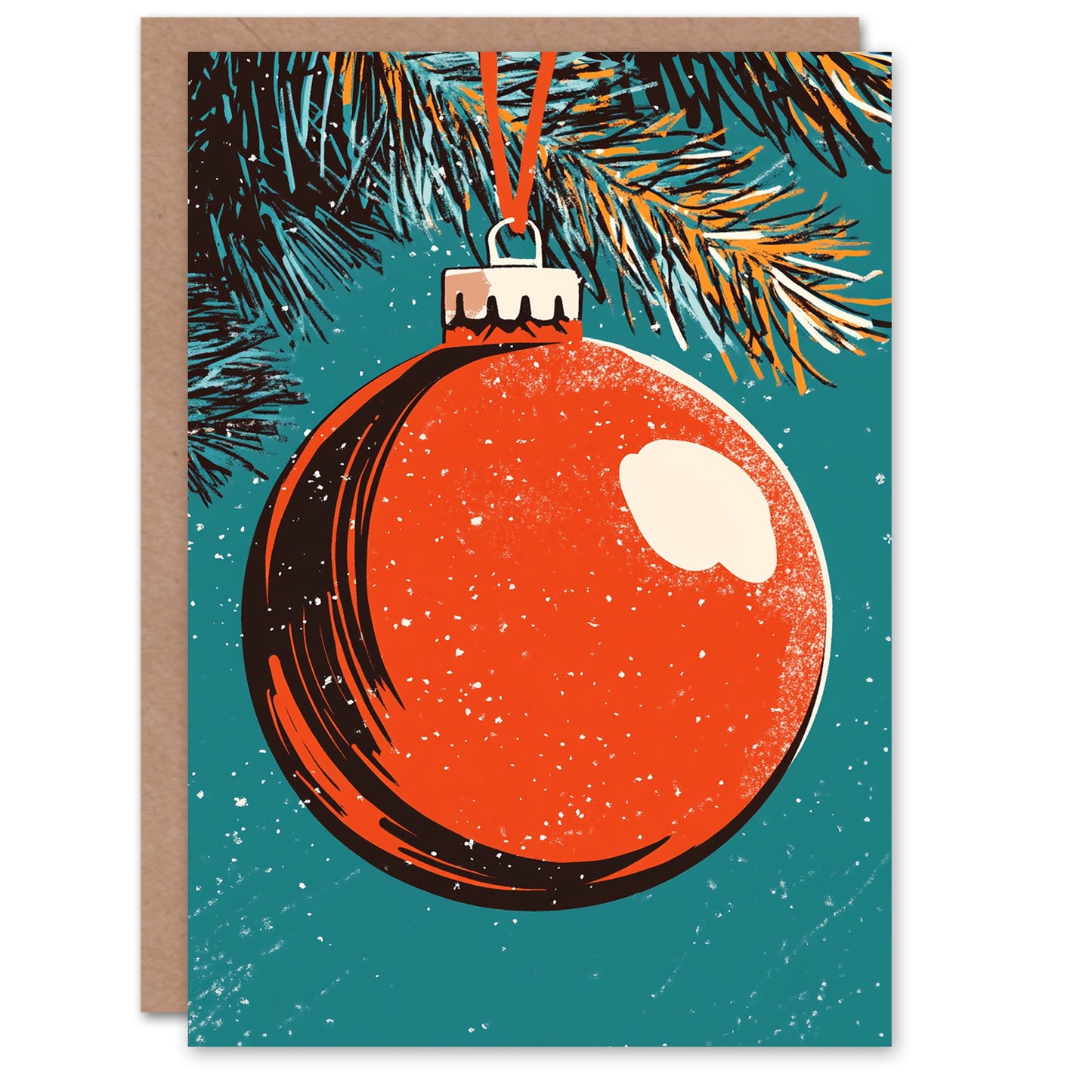 Shiny Red Bauble Pine Tree Retro Festive Xmas Christmas Card