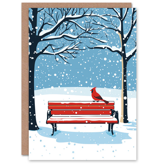Red Cardinal Park Bench Snow Winter Scene Christmas Card