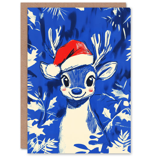 Cute Baby Reindeer Santa Hat Holly Blue Xmas Festive Christmas Card