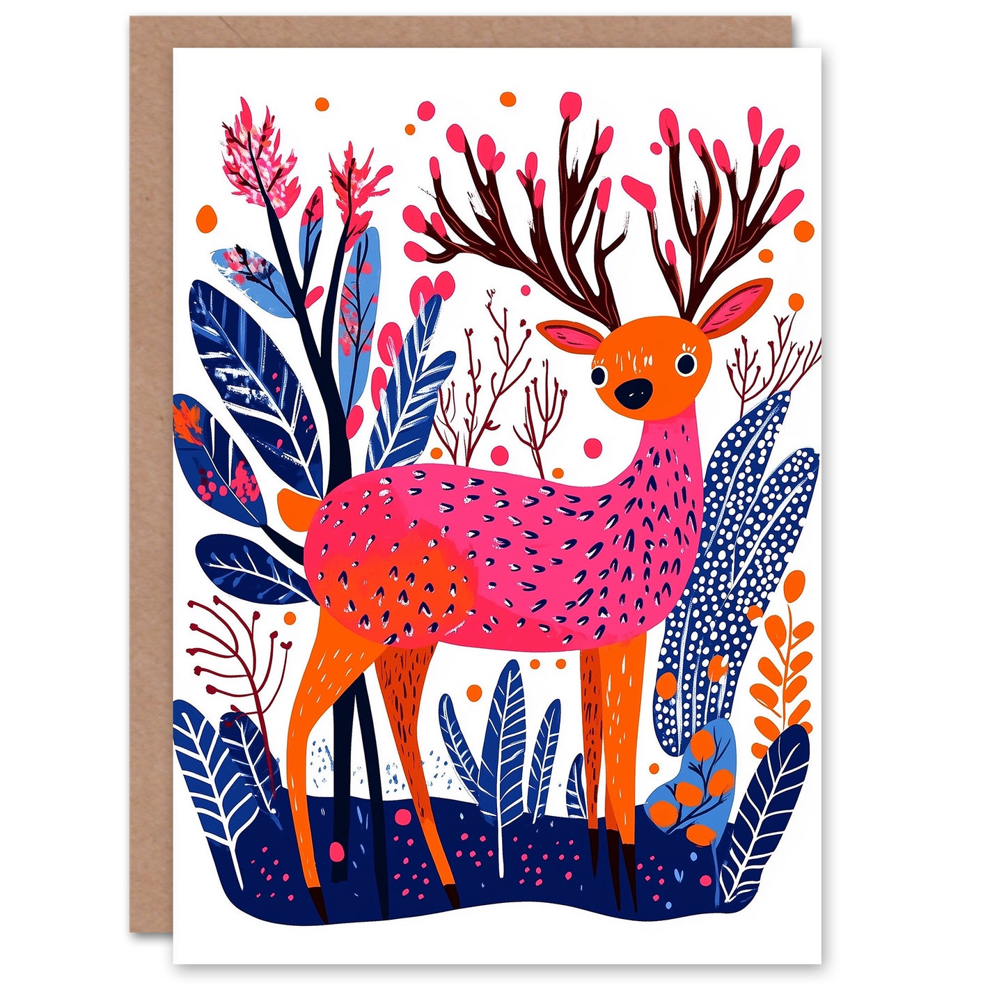Reindeer Forest Orange Pink Blue Vibrant Folk Art Xmas Christmas Card