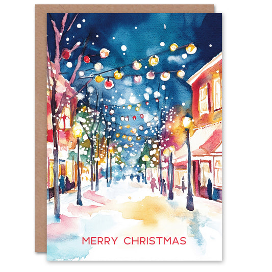 Colourful City Street Lights Winter Watercolour Christmas Card