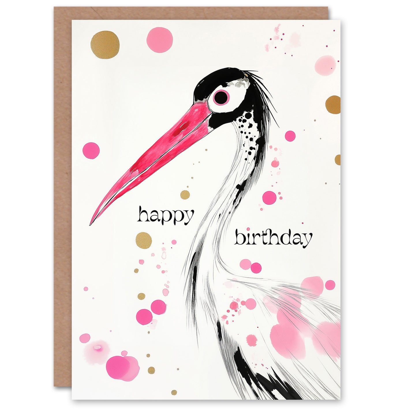 Birthday Greeting Card Oriental Stork Pink Gold Black Bird Drawing