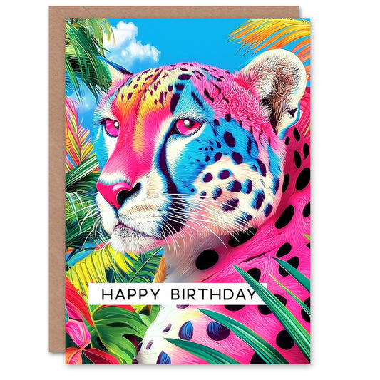 Birthday Greeting Card Colourful Cheetah And Jungle Plants Animal Lover