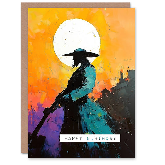 Birthday Greeting Card Desperado Cowboy Concept Art Wild West Sunset