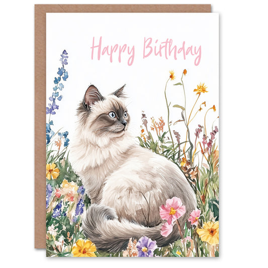 Birthday Greeting Card Ragdoll Cat Lover Pet and Wildflowers Watercolour