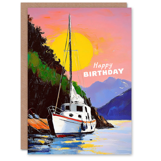 Birthday Greeting Card Docked Sailboat Harbour Sunset Coastal Landscape