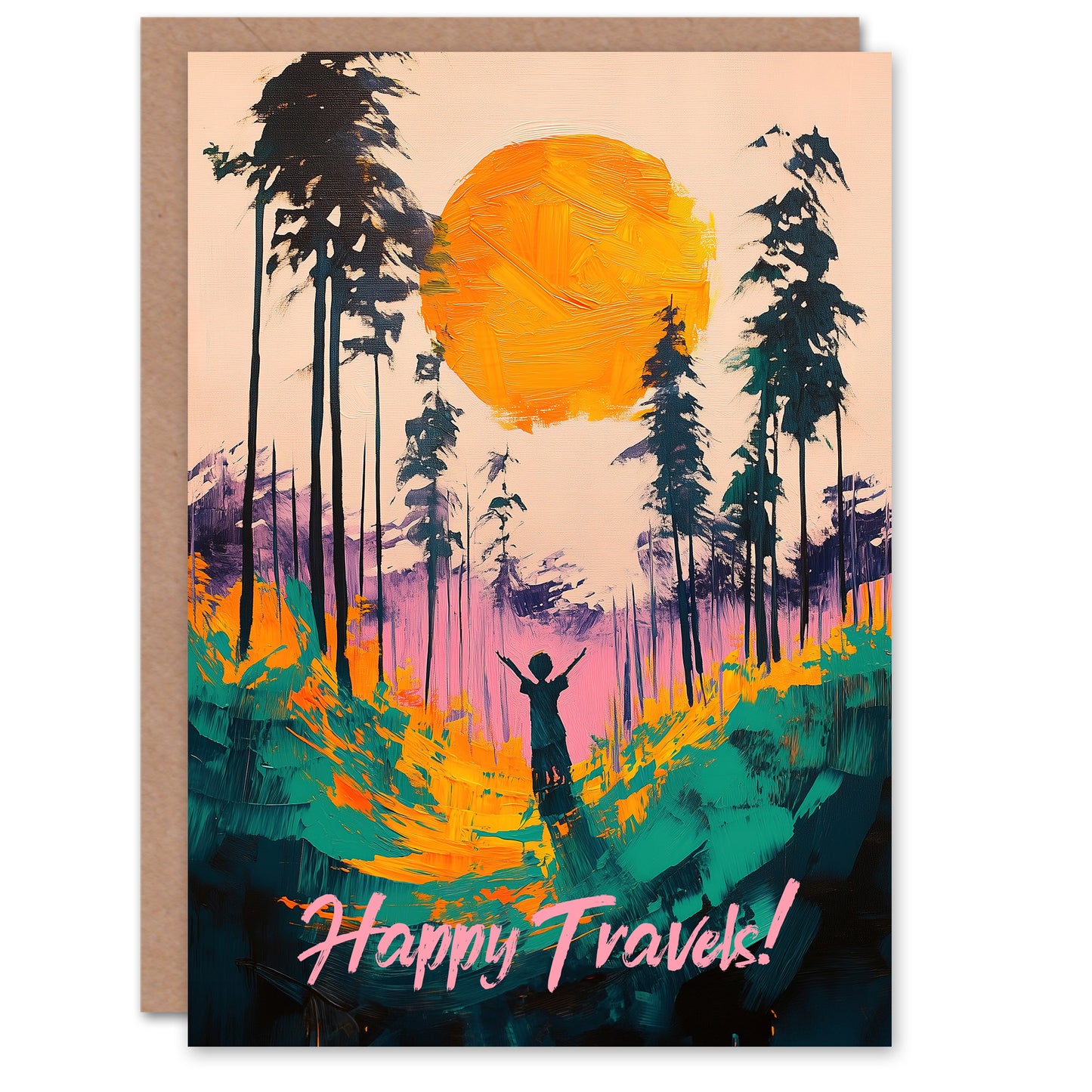 Farewell Greeting Card Happy Travels Forest Sunrise Abstract Landscape